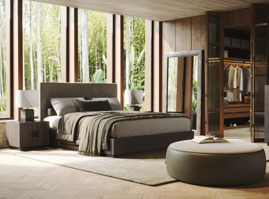 Dicas de decorao para quarto de casal  -  quarto com cama, espelho, candeeiro de teto e de mesa, puff e mesa de cabeceira