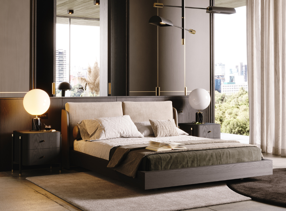 Dicas de decorao para quarto de casal  -  quarto com cama, tapete, mesa de cabeceira, candeeiro de mesa e de teto