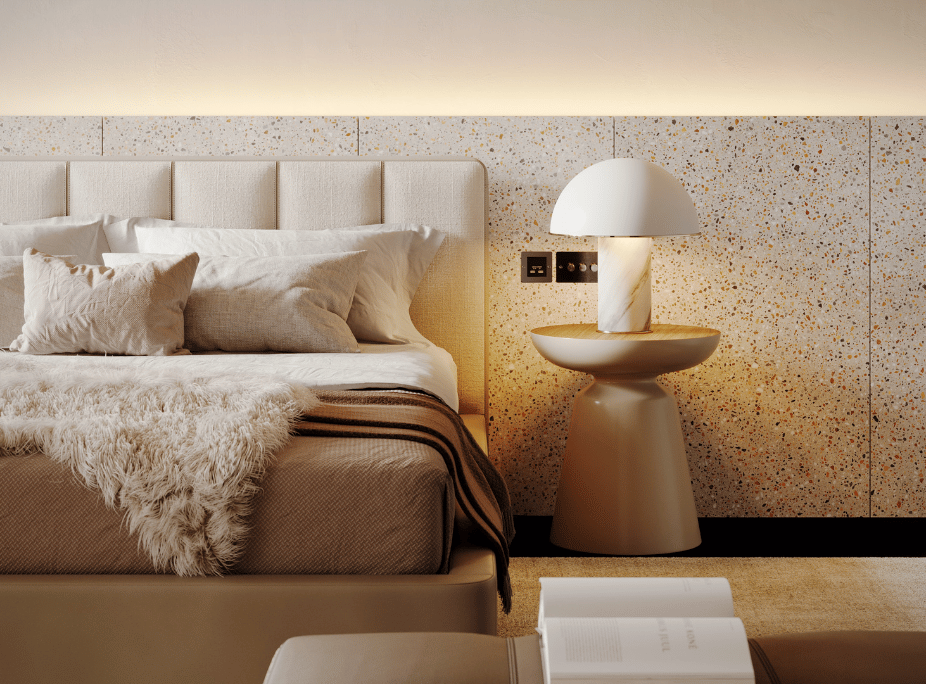 el toque retro de la mesita de noche con la l�mpara de mesa Franklin se complementan con un pantone cohesivo