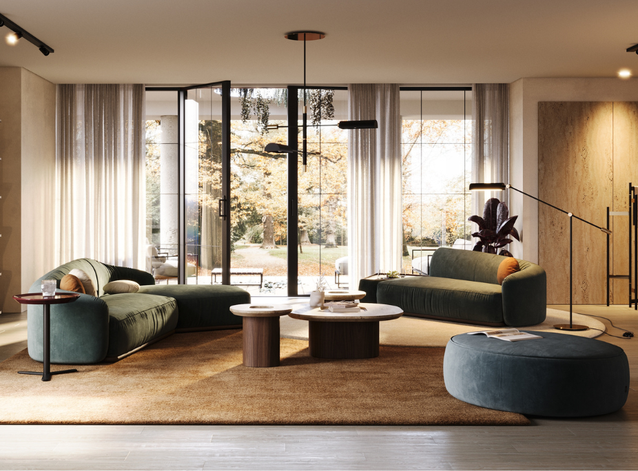 Salón con una paleta neutra, cálida y terrosa, con algunos toques de verde oscuro, amarillo mostaza y azul oscuro en los tejidos