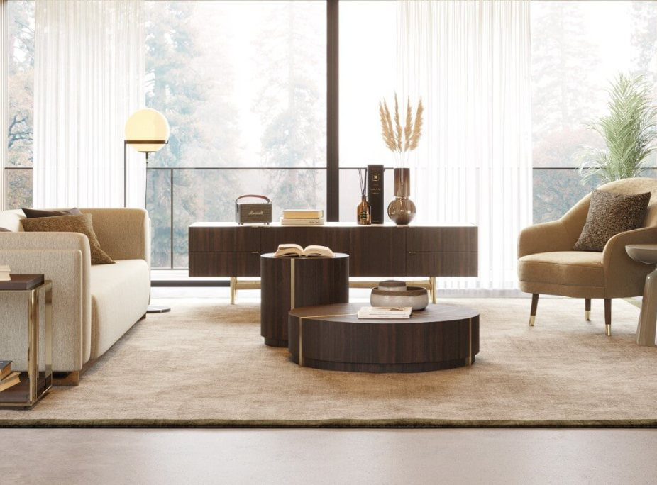 Un salón ubicado junto a la luz natural de la ventana com mueble de tv lewis y sillón cosy