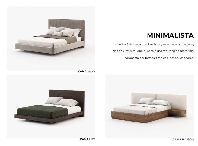 Exemplos de camas em estilo minimalista com Cama Anny, Cama Uso e Cama Boston