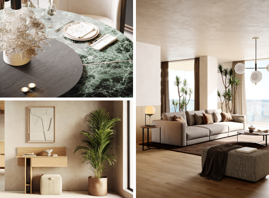 Composição de espaços com design biofílico: pormenor de mármore verde, sala de estar com plantas tropicais e luz natural, e hall de entrada com palmeira em vaso