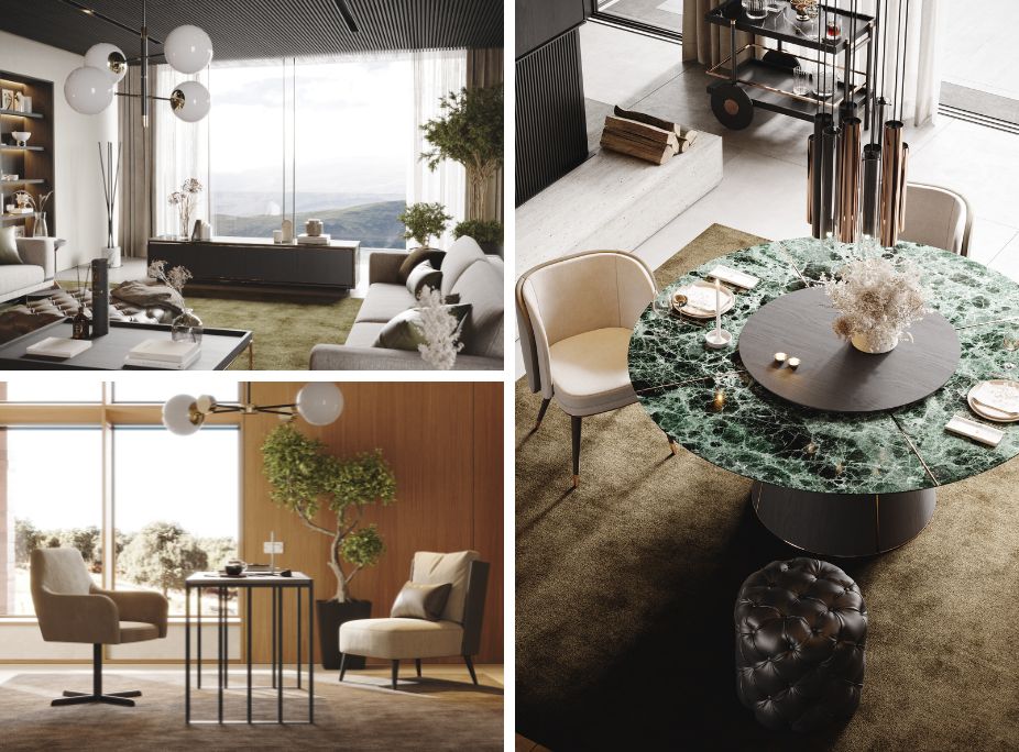 Exemplos de Design Bioflico em sala de estar, sala de jantar e escritrio, tendencias de decorao 2024
