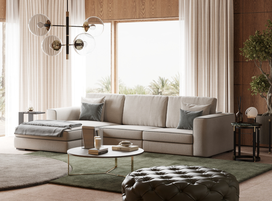 Sala de estar em tons neutros com Sofá Grey, Mesa de Centro Dili e Puff Bur, com materiais naturais e iluminação natural como elementos do design biofílico