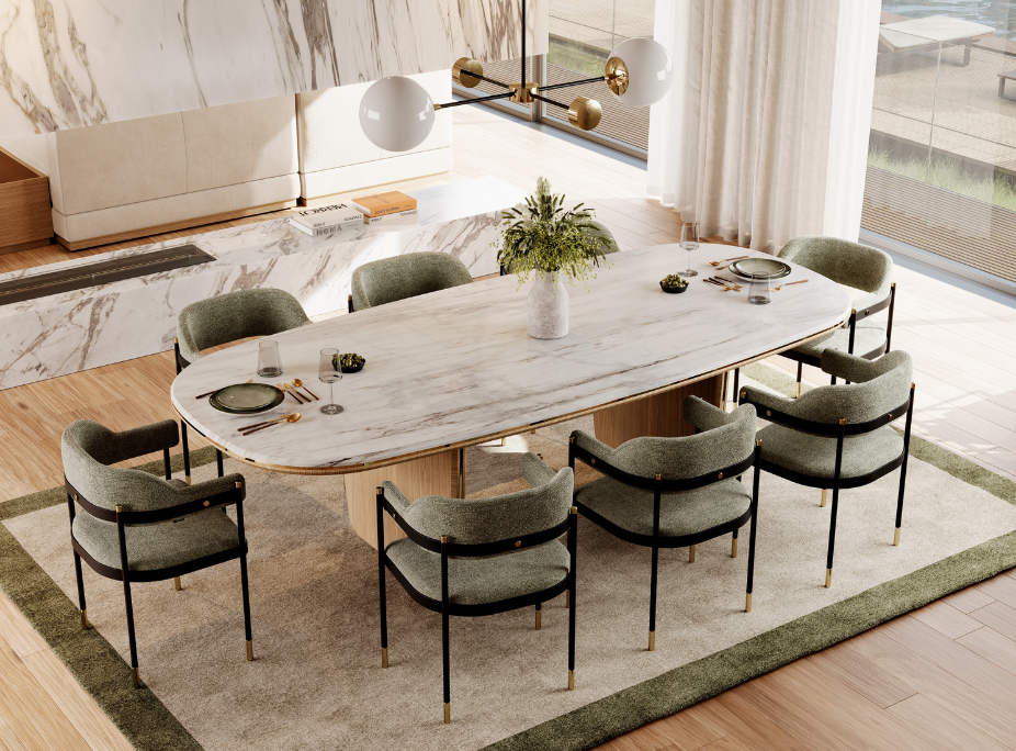 Sala de jantar com Mesa de Jantar Jeane em mármore, Cadeiras Dale em verde-salva e Candeeiro de Teto Janis, num ambiente de design biofílico com materiais naturais