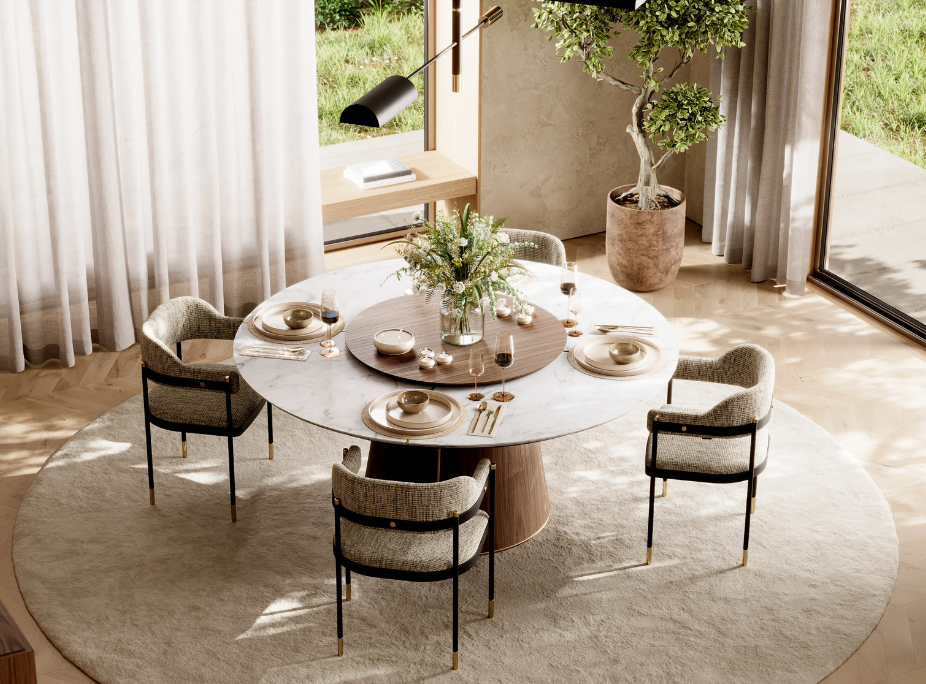 Decorao de vero para a sua casa em sala de jantar com bastante luz natural, tampo da mesa em madeira e mrmore e plantas 