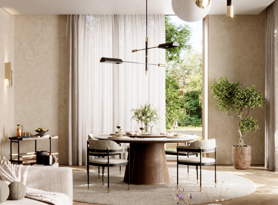 Decorao de vero para a sua casa em sala de jantar com tapetes e cortinas suaves de cor bege
