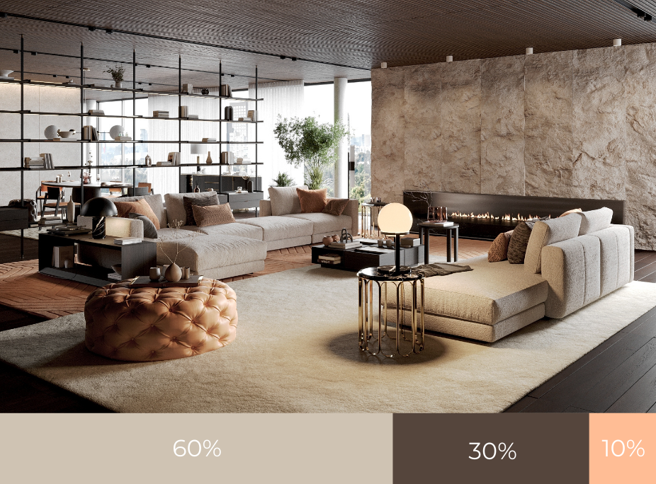 dicas de decorao para escolher as melhore cores para a decorao, sala de estar com paleta composta por 60% de bege, 30% de castanho e 10% de laranja, aproximadamente