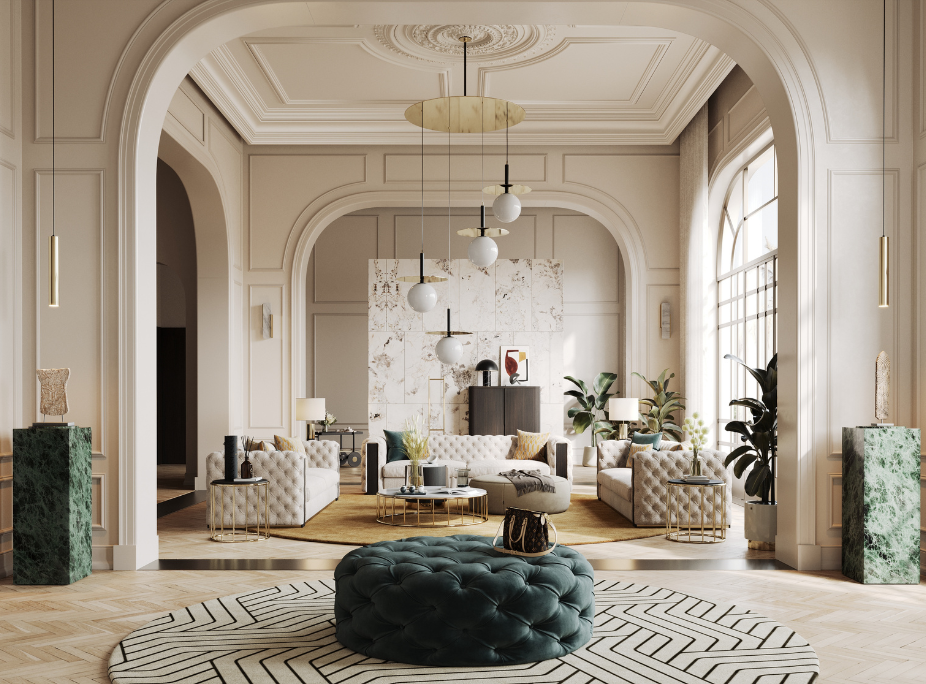 dicas de decorao para escolher as melhore cores para a decorao, sala de estar espaosa com sofs, puffs, mesa de centro e candeeiros de teto, paleta de brancos, amarelos, dourados e verdes