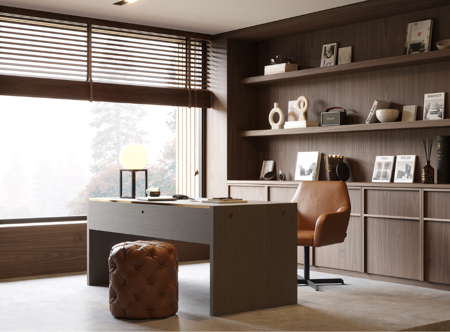 Dicas de Decorao de Escritrio com com Secretria Bonham, Cadeira de Escritrio Robson, Puff Bur, Candeeiro de Mesa Jones Small e deiversos acessrios decorativos
