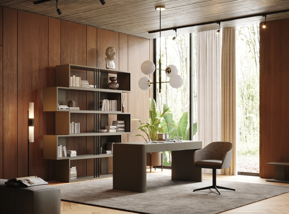 Dicas de Decoração de Escritórios em escritório com estante, candeeiro de parede, candeeiro de teto, candeeiro de mesa, secretária, cadeira