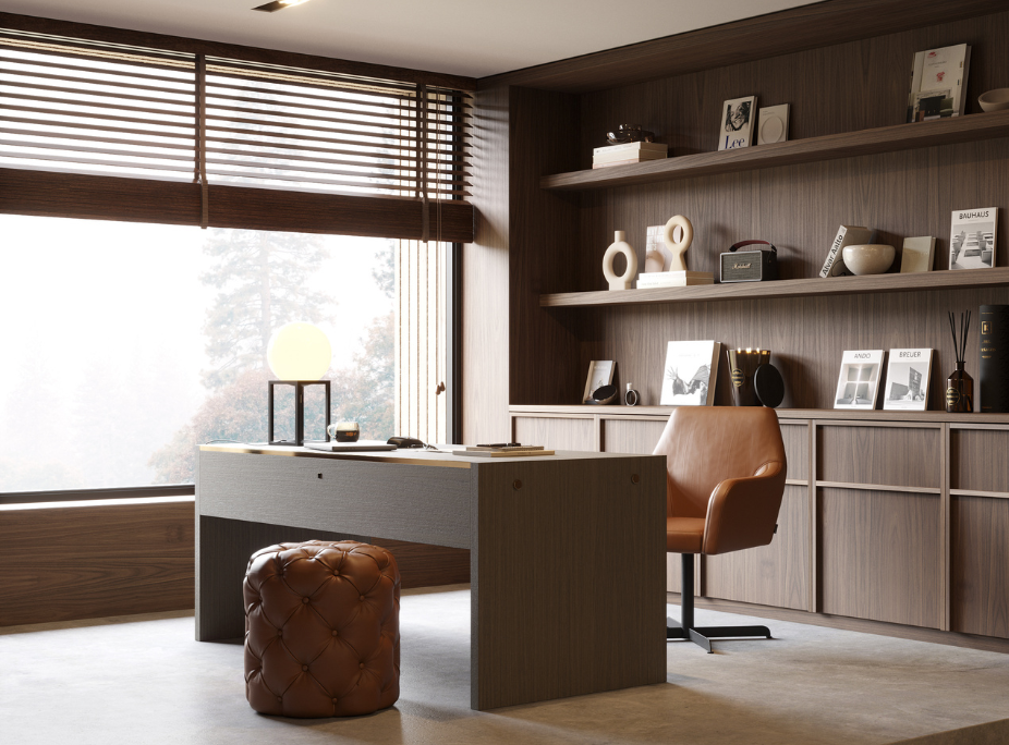 Dicas de Decoração de Escritórios em escritório com puff, secretária, cadeira, estante embutida na parede e janela ampla