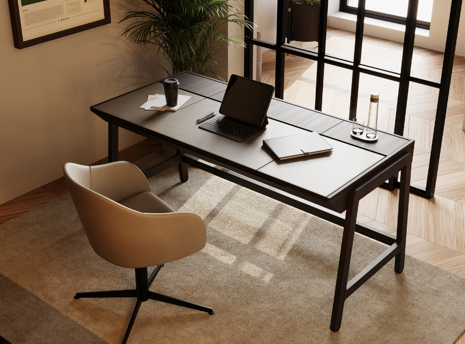 Dicas de Decoração de Escritórios em escritório com cadeira, secretária, quadros decorativos e vaso com planta