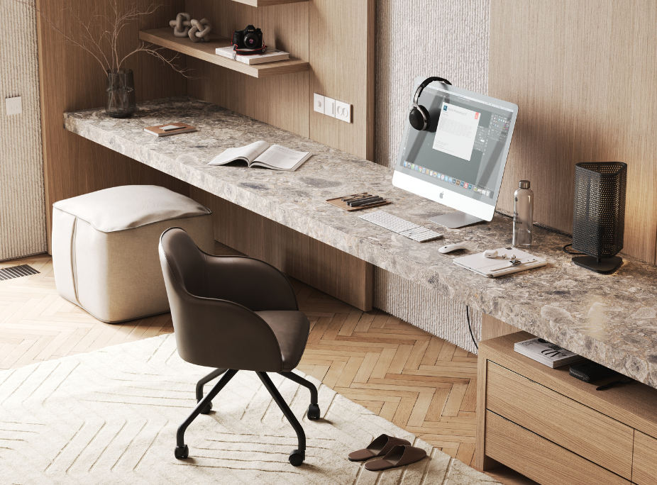 Dicas de Decoração de Escritórios em escritório com puff, cadeira, prateleiras de parede, secretária embutida na parede e candeeiro de mesa