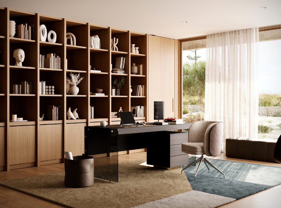 Dicas de Decoração de Escritórios em escritório com secretária, cadeira, estante integrada na parede, candeeiro de mesa e ampla janela