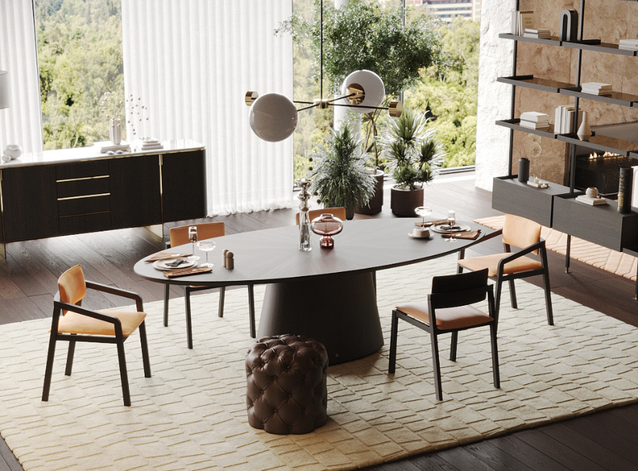 Dicas de decorao de sala de Jantar em sala de jantar com  Cadeiras Mull com braos, Mesa de Jantar Kelly Oval e apontamentos da cor Pantone 2024