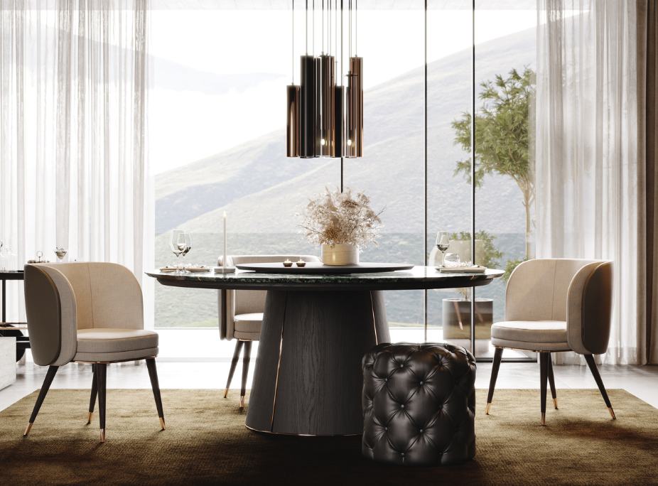 Dicas de decorao de sala de Jantar em sala de jantar com Mesa de Jantar Giratria Marilyn, Cadeiras Ambrose, Puff Bur, Candeeiro de Teto Jazz e bastante luz natural