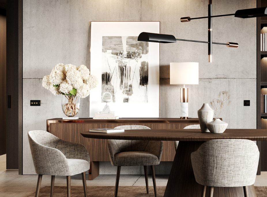Dicas de decorao de sala de Jantar em sala de jantar com  com Cermicas Decorativas, Livro de Decorao, Jarro com Flores e Quadro
