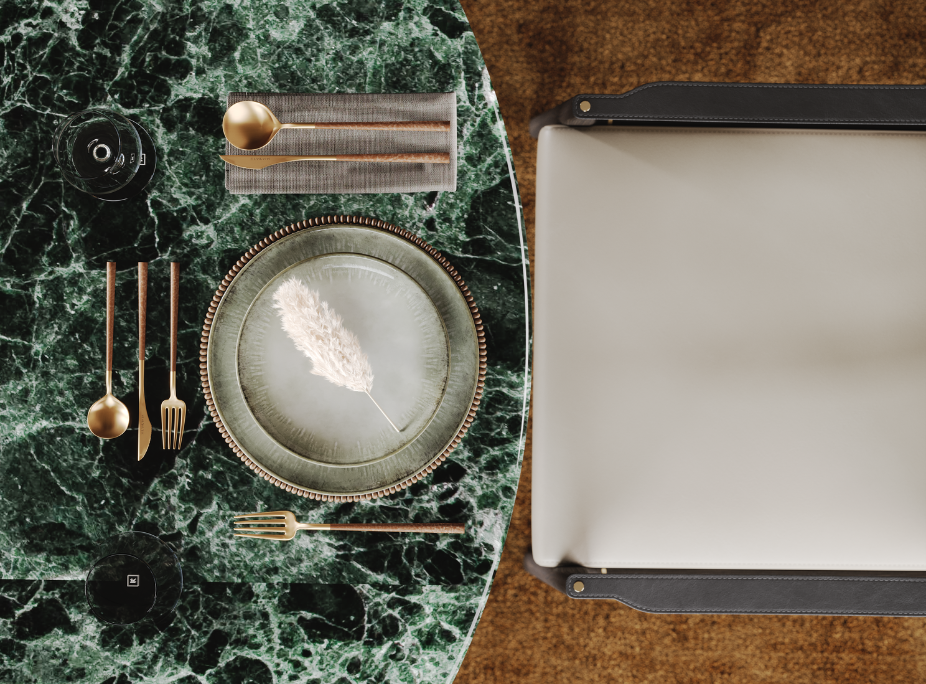 Dicas de decorao de sala de Jantar em mesa de jantar com com conjunto de talheres, conjunto de copos e conjunto de loua