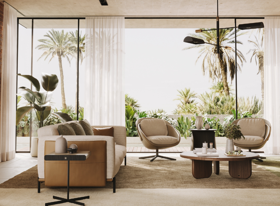 Decorao de Vero em sala de estar com vrias plantas, no interior e exterior, sof, cadeiro, mesa de centro e mesa de apoio