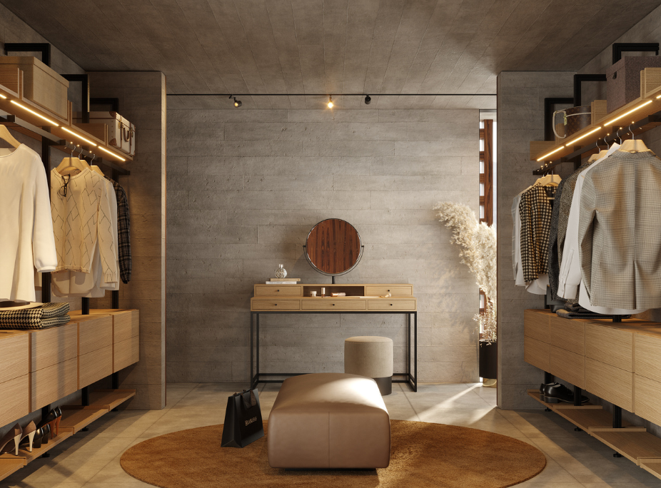 dicas e ideias de decorao de toucadores em quartos e closets com Toucador DArc, Banqueta Benner e Puff Isaac em closet