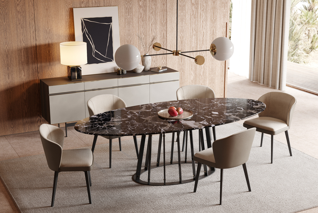 Dining room with marble dining table and five dining chairs