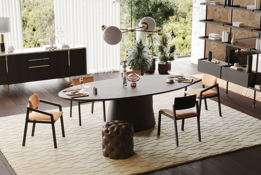 Dining area with a oval dining table and five Peach Fuzz upholstered dining chairs