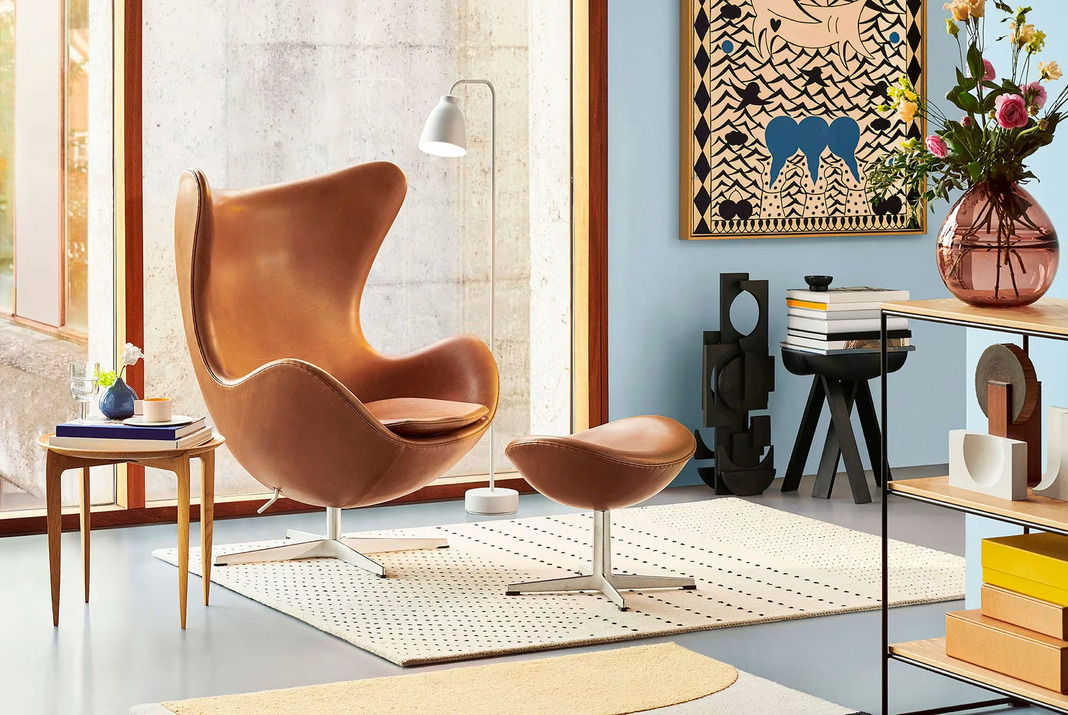 Brown Egg chair in a living room