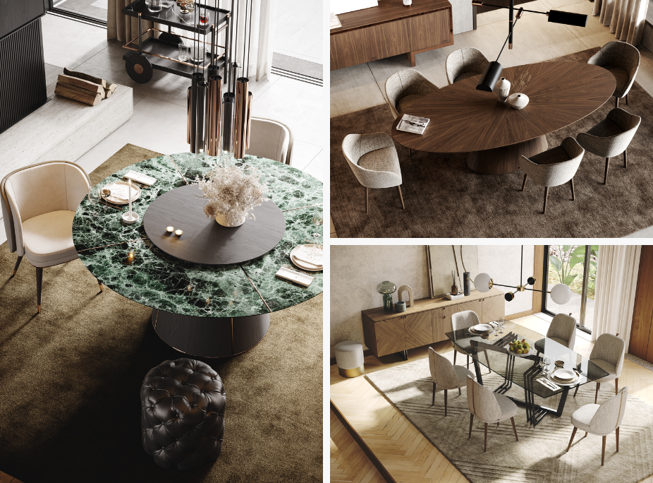 Ambiente Laskasas - Salas de jantar com mesas de jantar de diferentes tamanhos, formas e materiais