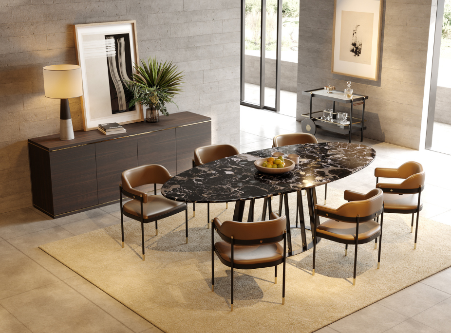 Ambiente Laskasas - Sala de jantar com mesa de jantar, cadeiras e carrinho de ch