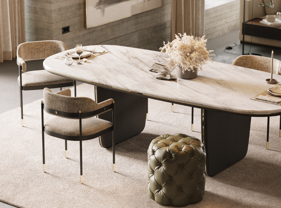 Ambiente Laskasas - Sala de jantar com mesa de jantar, cadeiras e puff
