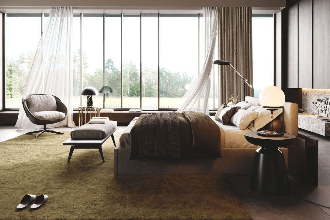 Essenciais para decoração de quarto com Cama Thalia, Mesa de Apoio Cap e Cadeirão George