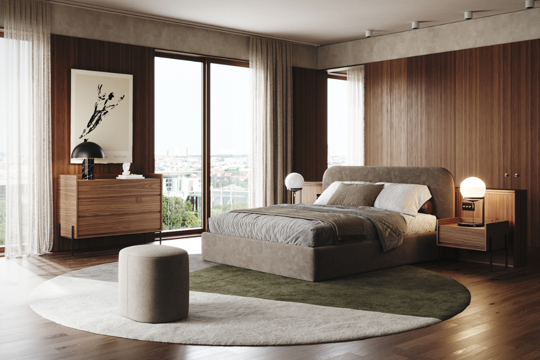 Essenciais para decoração de quarto com Cama Selene, Mesas de Cabeceira Ithaca, Puff Sphinx e Cómoda Ithaca