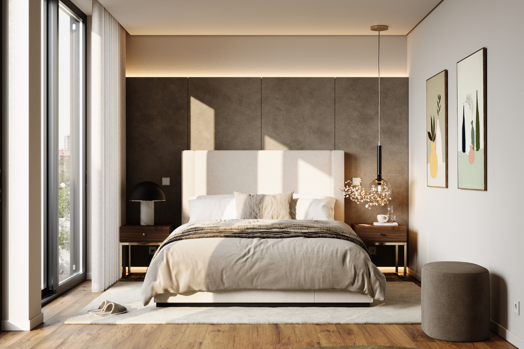 essenciais para Decoração de Quarto com Cama Corin, Mesas de Cabeceira Ester, Candeeiro de Mesa Franklin, Puff Sphinx e quadros decorativos