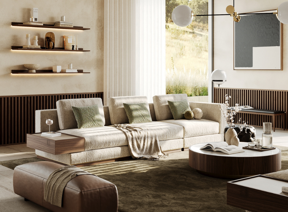 Estilo de decoração contemporâneo em sala de estar com sofá modular, puff, mesa de centro, candeeiro de teto, prateleiras suspensas