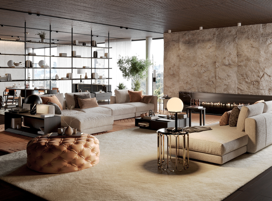 Estilo de Decorao Contemporneo em sala de estar com sof, mesa de centro, mvel de apoio, puff, iluminao, bastante espao livre, acessrios e estofos com cor pantone 2024, laranja