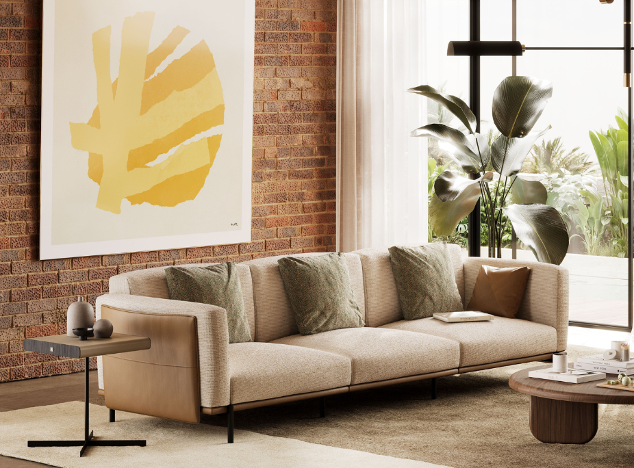 Estilo de Decorao Contemporneo em sala de estar quente, com sof, mesa de apoio e quadro decorativo