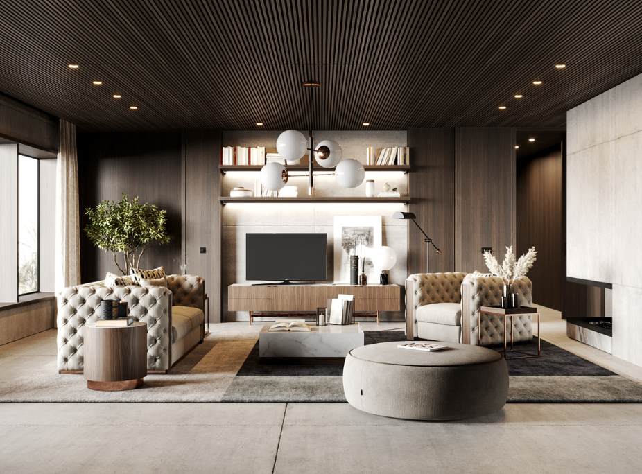 Estilo de decorao contemporneo em sala de estar com sofs, mvel de Tv, puff, mesa de centro, mesa de apoio, candeeiro de teto