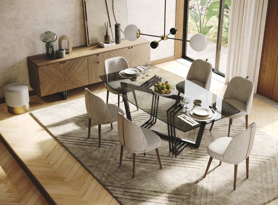 Estilo de Decorao Contemporneo em Sala de jantar com Mesa de Jantar, Cadeira, Aparador  e Puff 