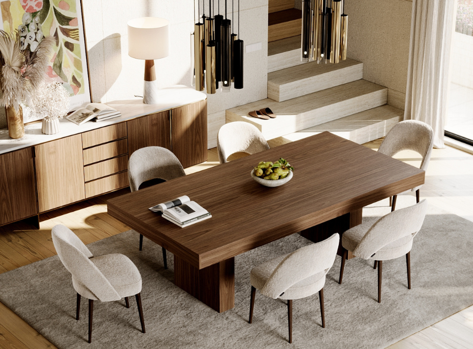 Estilo de Decoração Contemporâneo em Sala de jantar com Mesa de Jantar, Cadeira, Aparador e candeeiros