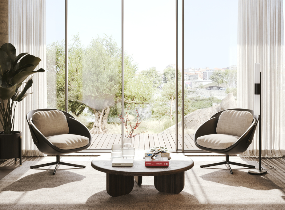 estilo de decoração japandi em zona lounge em escritório da casa douro com espaço livre entre o mobiliário
