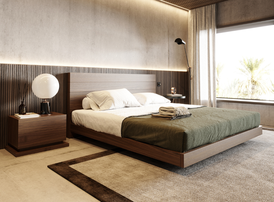 Estilo de decoração minimalista em quarto com móveis minimalistas em madeira natural, cabeceira ripada com iluminação ambiente, roupa de cama em tons neutros e verde-oliva, e vista para jardim exterior.