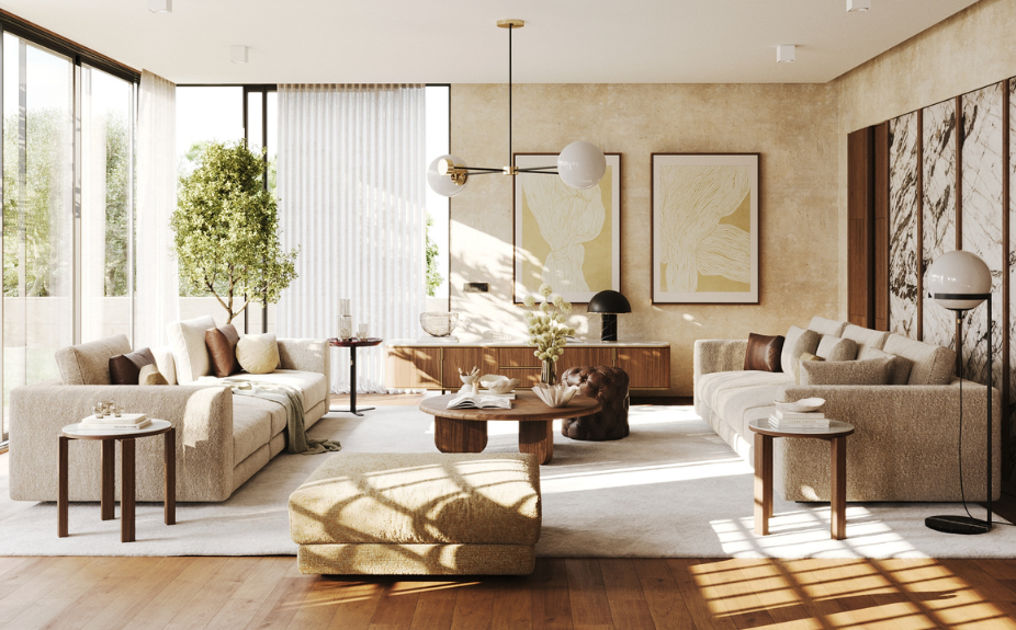 Estilo de decoración contemporáneo en salón cálido y espacioso, con sofá, sillones, luz natural e iluminación artificial estratégica.