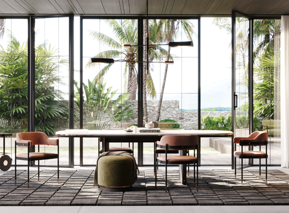 Estilo de Decoracin Contemporneo en Comedor con mesa de comedor, sillas, luz natural materiales naturales y color Pantone 2025.