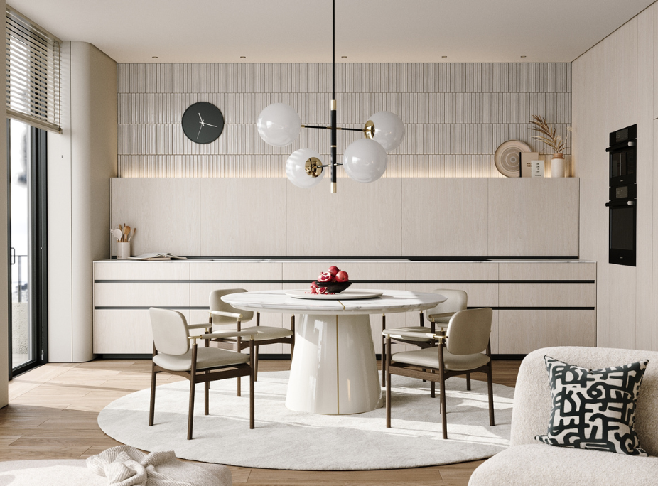 Estilo de Decoración Contemporáneo en comedor con sillas, mesa. iluminación, luz natural y color pantone 2026