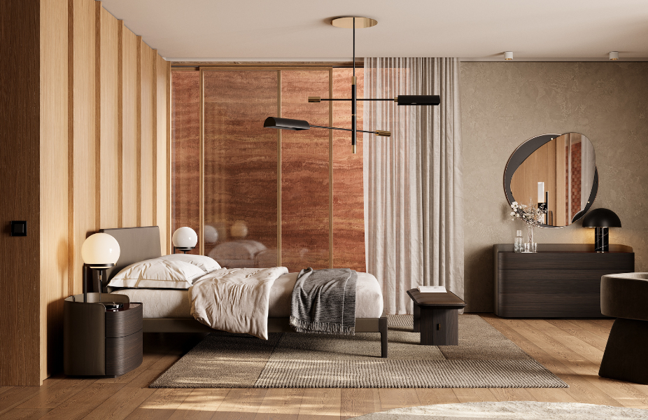Estilo de Decoracin Contemporneo en Dormitorio con Cama, Puff, Mesita de Noche, Lmpara de Mesa y Espejo