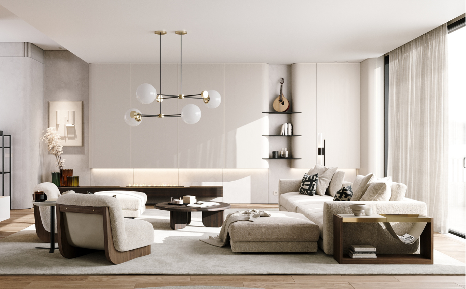 Estilo de Decoración Contemporáneo en salón con sofá, mesa de centro, sillones, luz natural materiales naturales y color Pantone 2026