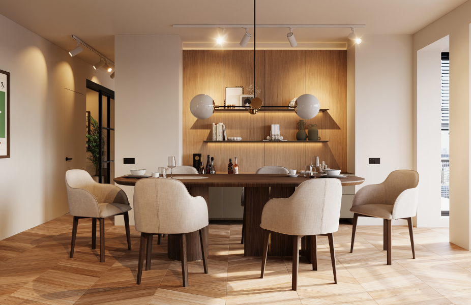 Estilo de Decoracin Contemporneo en comedor con sillas, mesa. iluminacin artificial integrada e luz natural.
