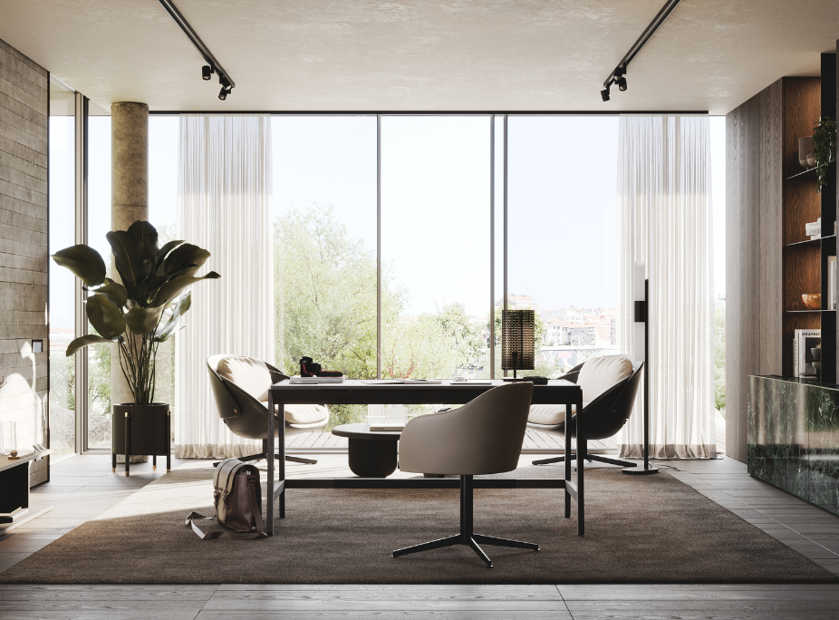 Despacho de la Casa Douro, con una decoración cómoda, relajante y extremadamente funcional, características del Japandi